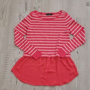 New York & Company Coral Striped Long Sleeve Top